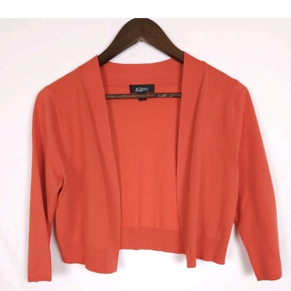 AGB Coral-Orange Cropped Open-Front 3/4 Sleeve Cardigan Shrug